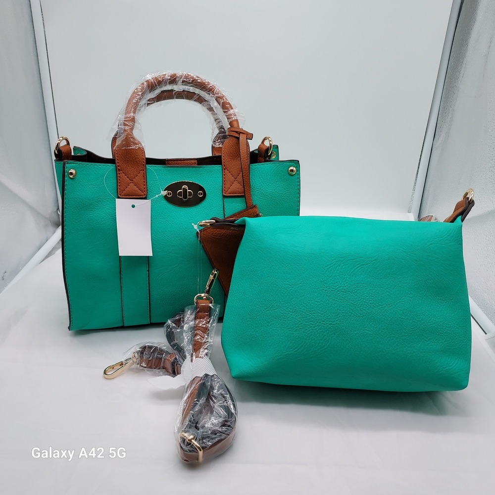 Teal Pebbled Faux Leather Satchel Handbag Set with Pouch and Cognac Trim